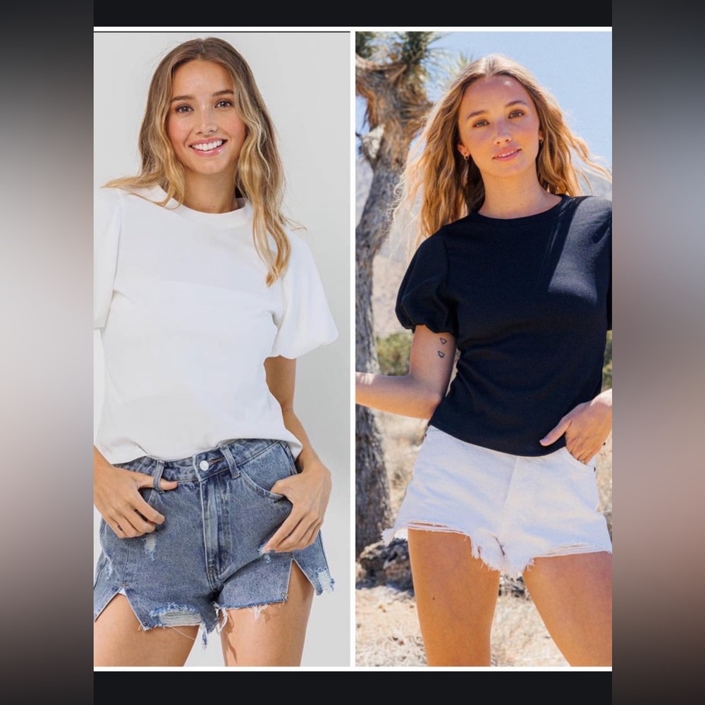 Ces Femme White and Black Puff Sleeve Tops